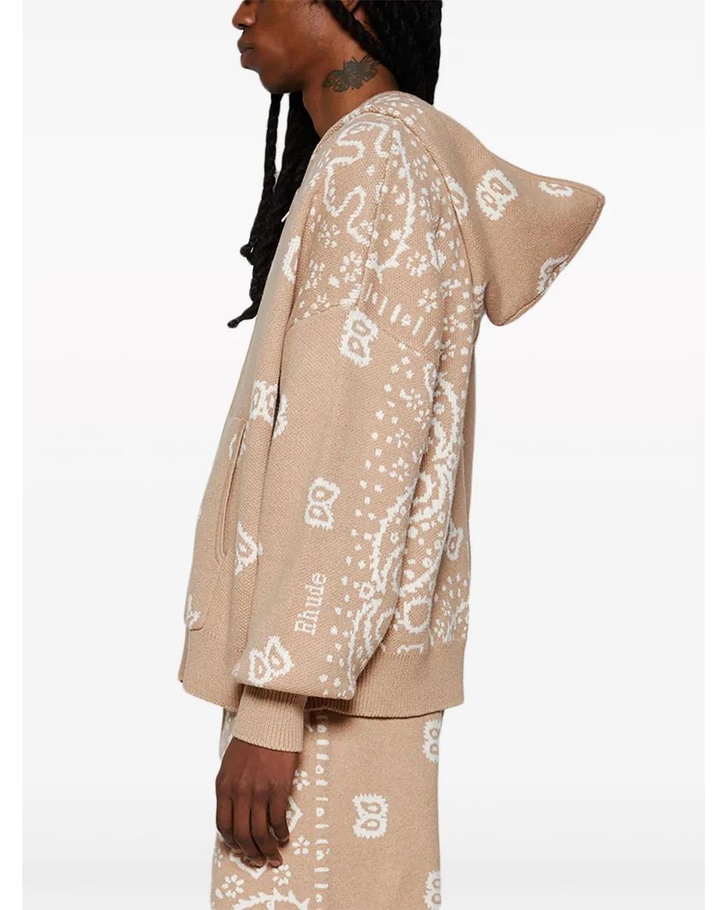 Rhude Natural Bandana Knit Zip-Front Hoodie for men