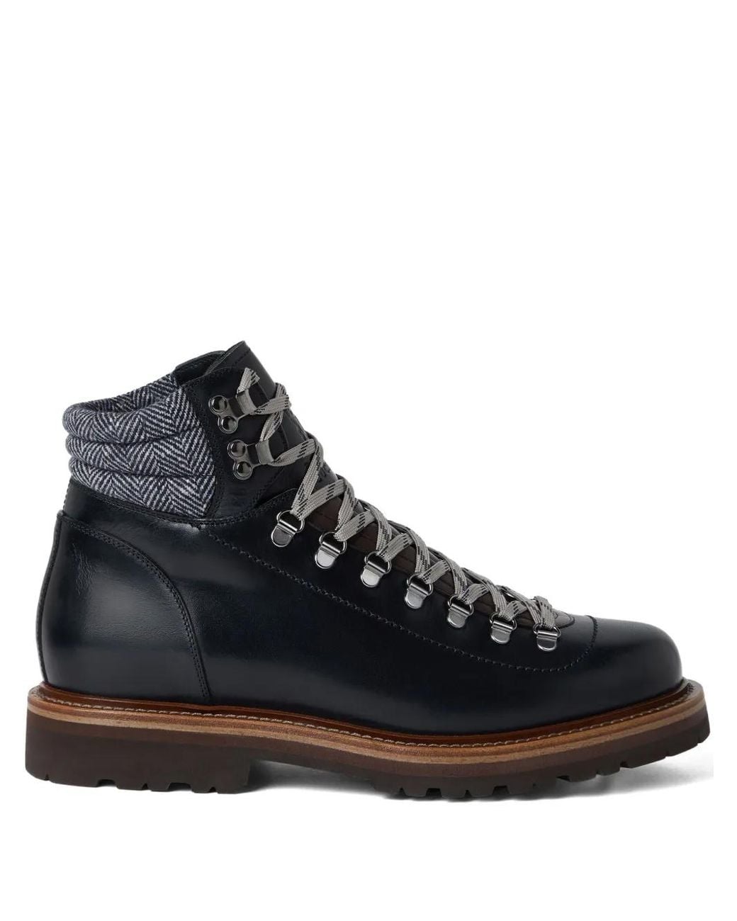 Brunello Cucinelli Black Leather Wool-Cashmere-Trim Mountain Boots for men