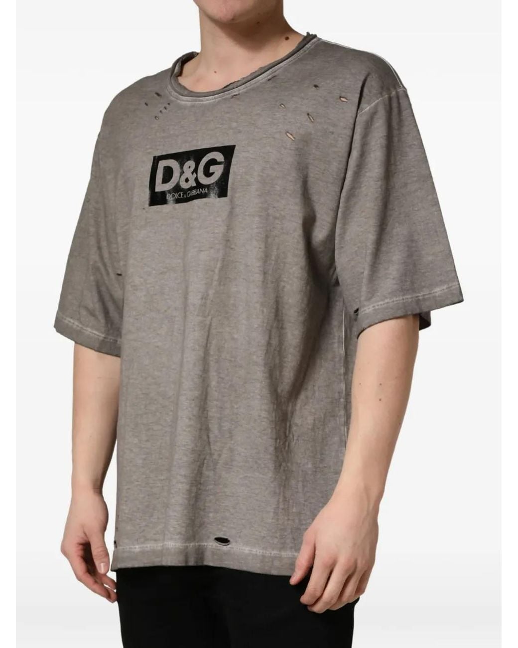 Dolce & Gabbana Gray Distressed Logo-Print T-Shirt for men