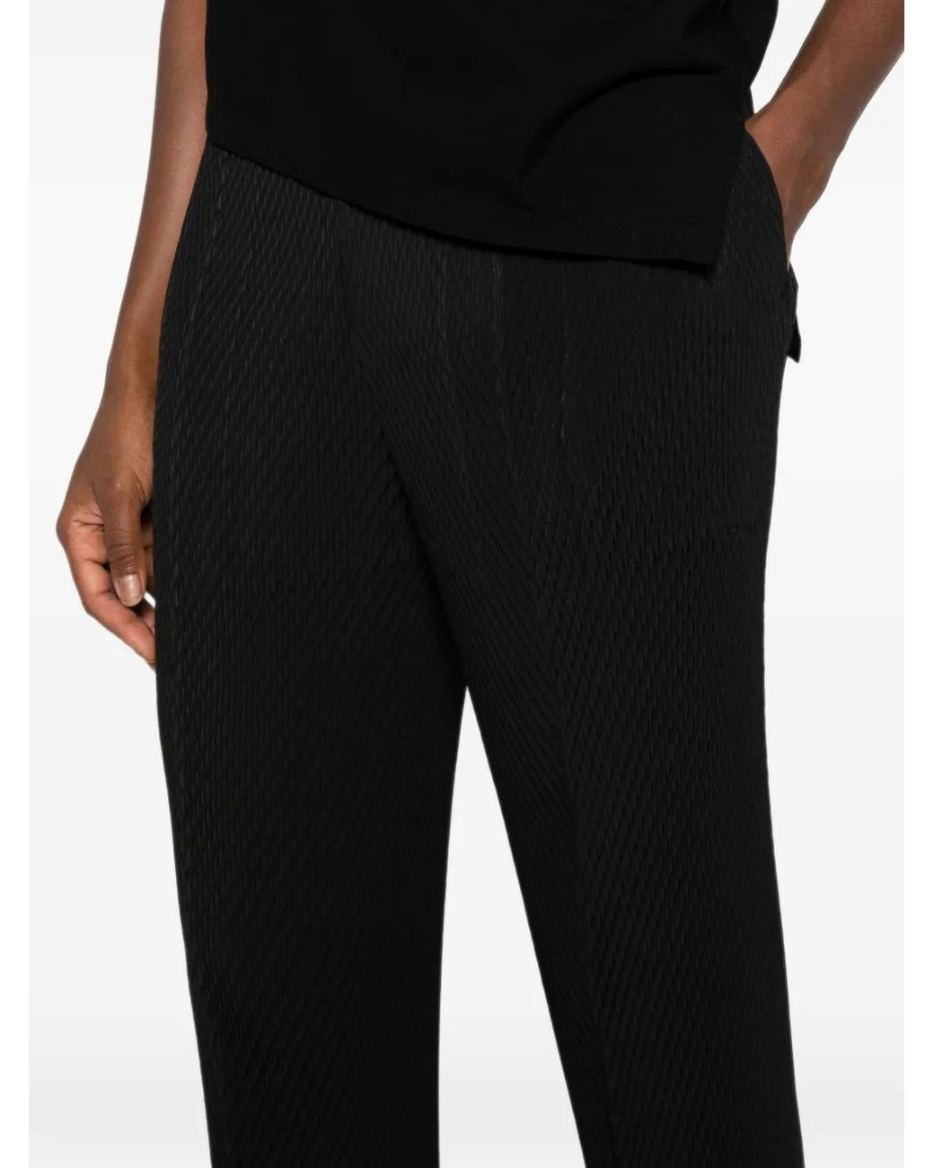 Issey Miyake Black Plissé-Effect Cropped Trousers