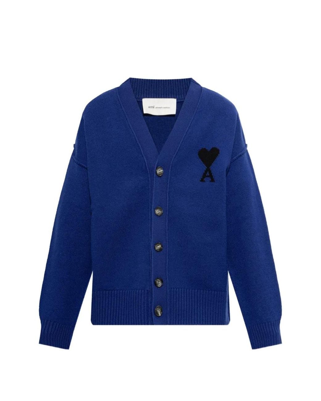 AMI Blue Cardigan En Laine Naturelle Avec Ami De Cœur