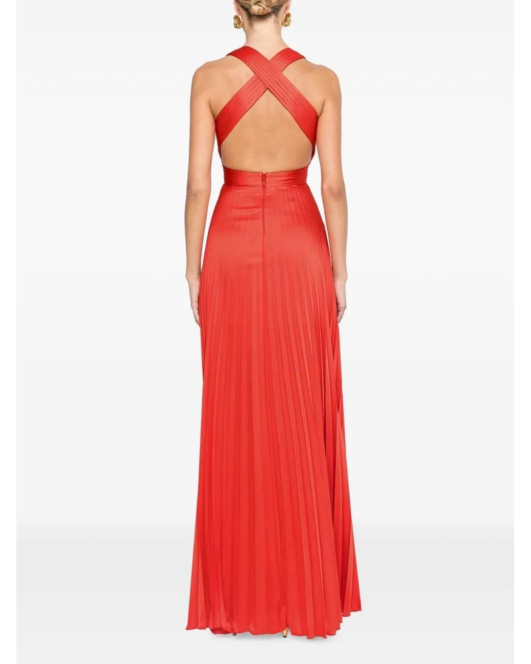 Nissa Red Pleated Satin Maxi Dress