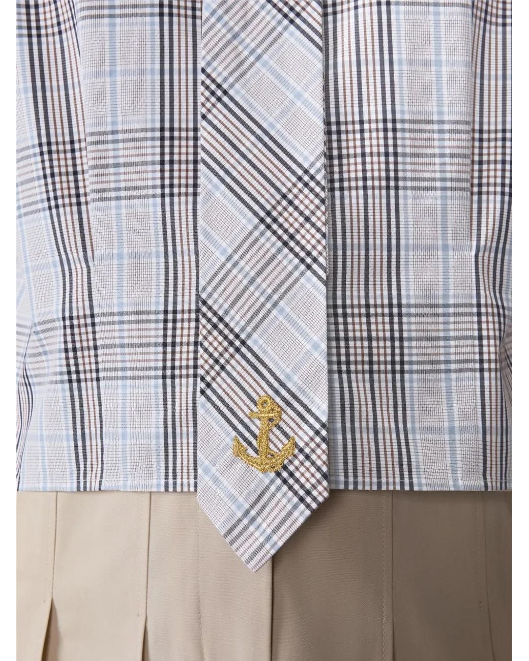 Thom Browne Blue Plaid Check Poplin Tie Collar Blouse