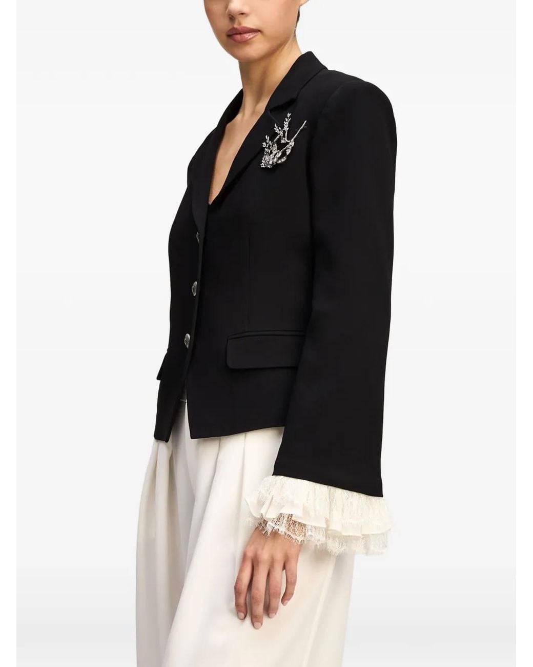 Cinq À Sept Black Sorren Crystal-Embellished Lace-Trim Blazer