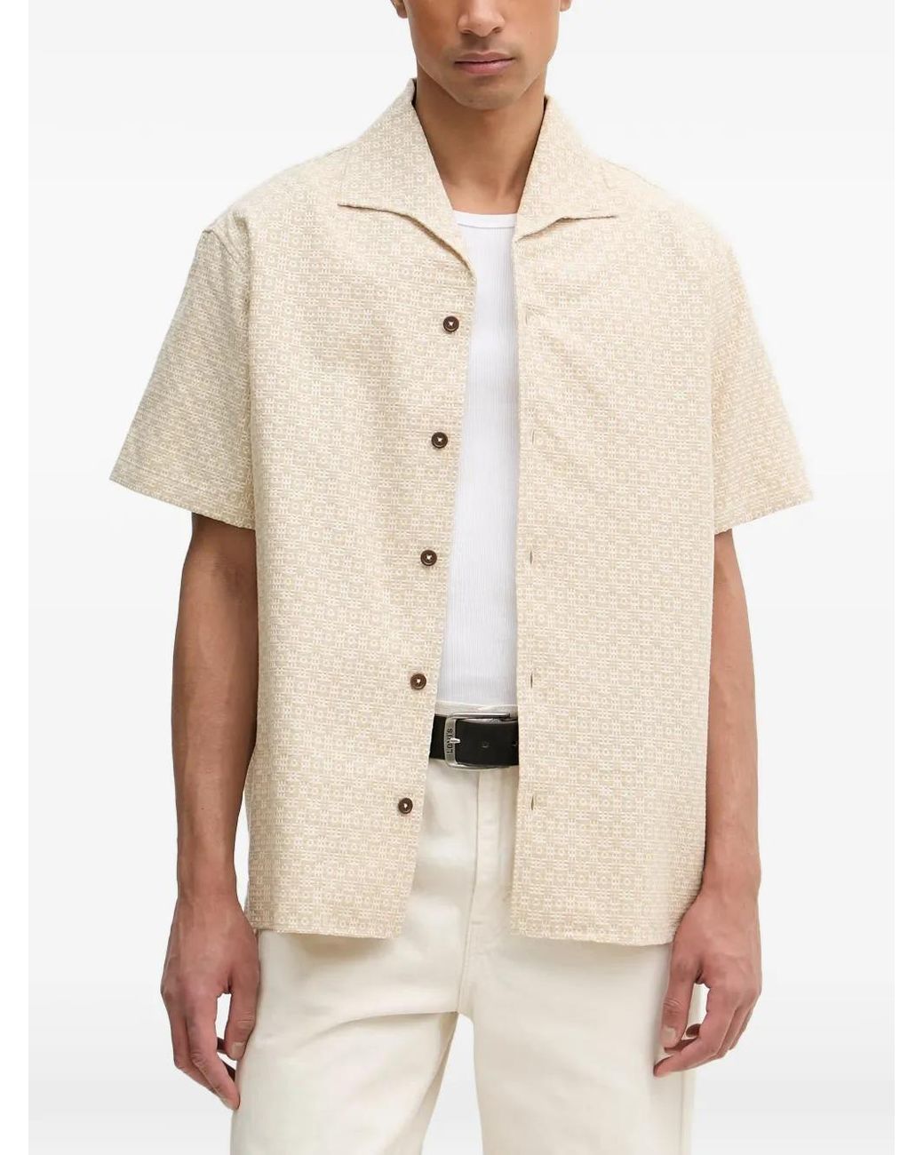 Drole de Monsieur Natural Geometric-Pattern Camp-Collar Shirt for men