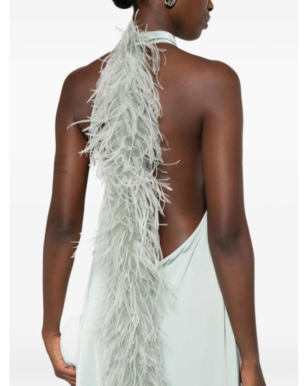 The Archivia White The Riviera Feather-Trim Halterneck Maxi Dress