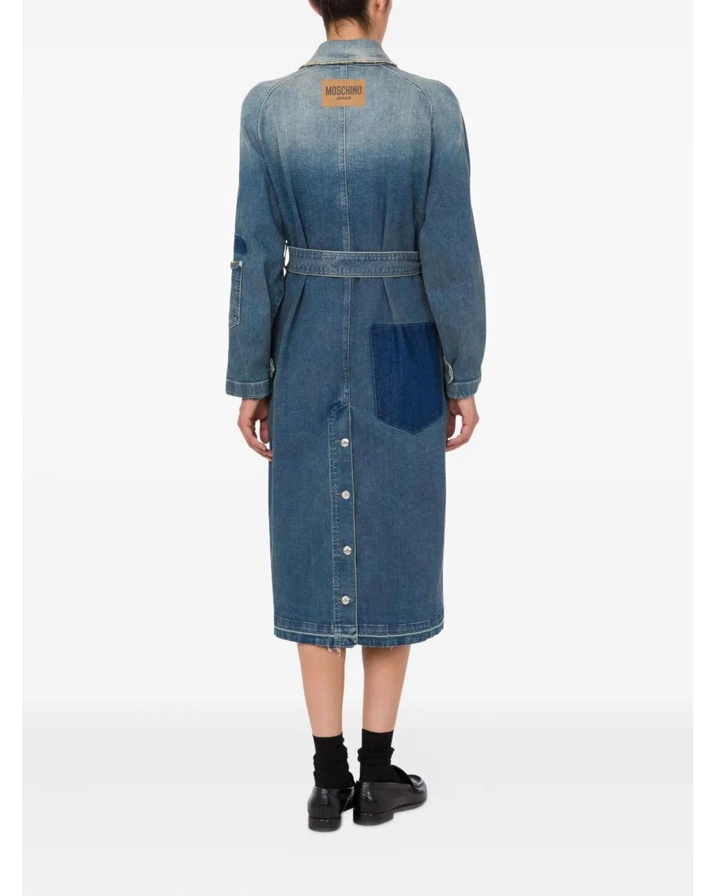 Moschino Blue Mid-Length Denim Coat With Belted Waist