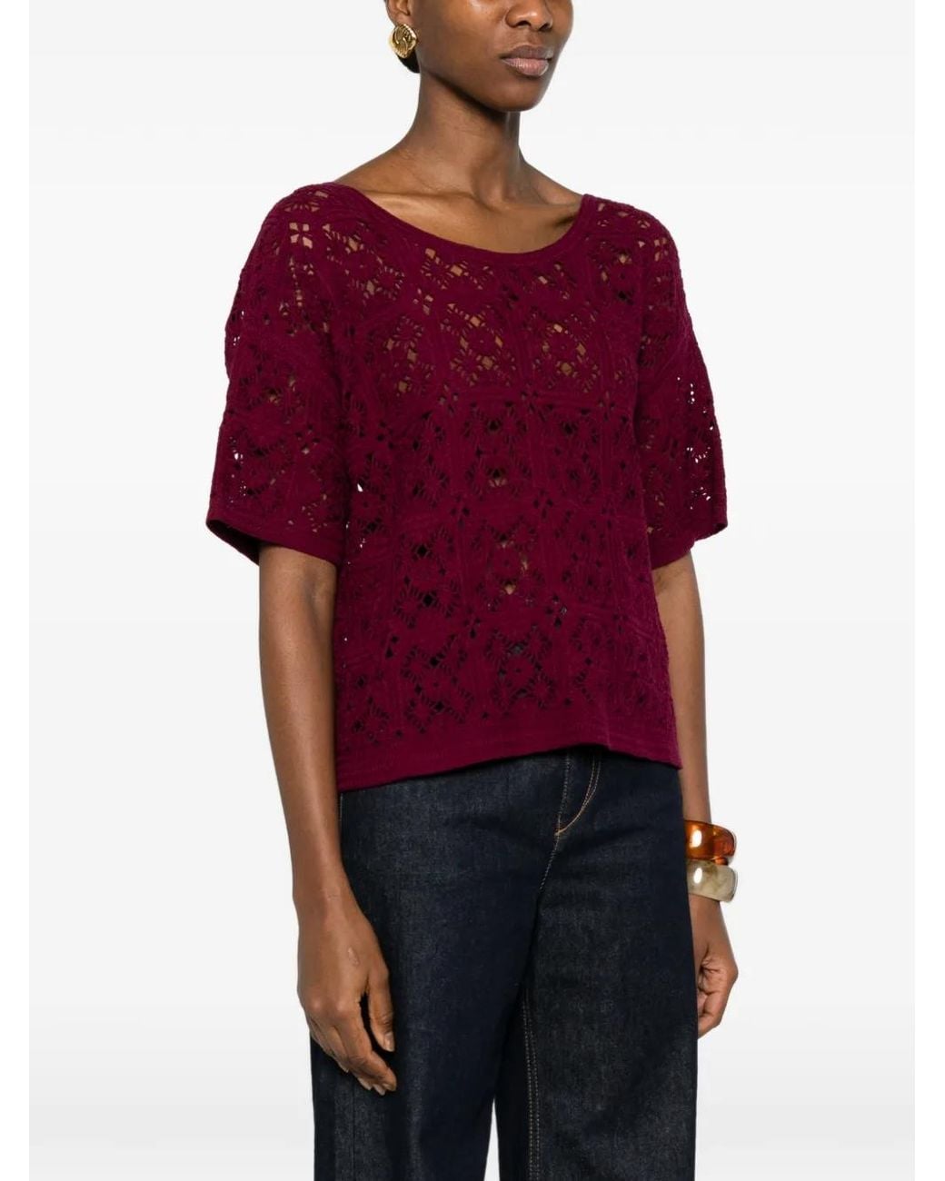 Bompard Purple Guipure Openwork Button Blouse