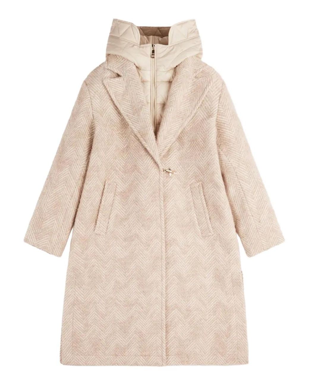 Fay Natural Herringbone Hooded Coat
