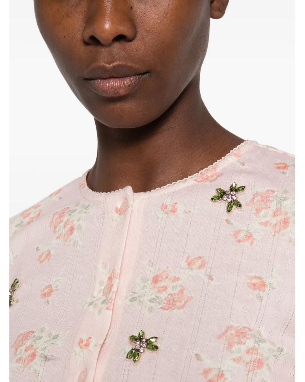 Simone Rocha Pink Floral-Print Crystal-Embellished Cardigan