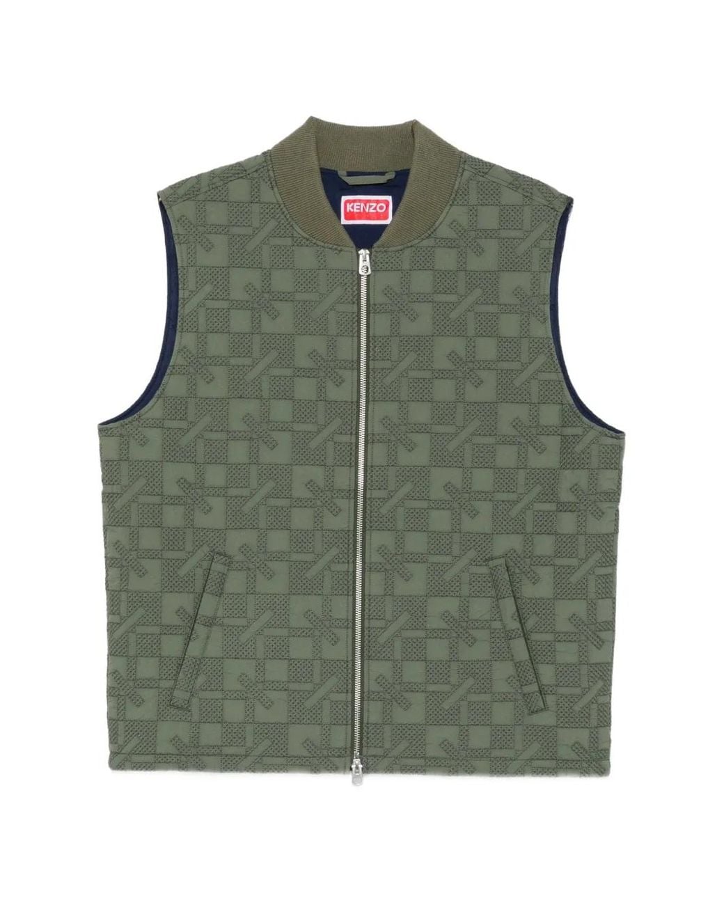 KENZO Green Geometric-Quilted Zip-Up Gilet for men