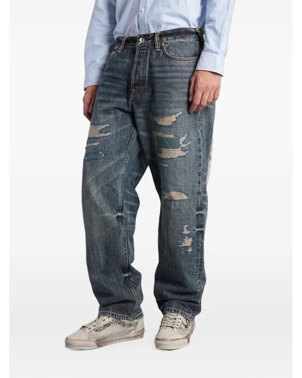 Evisu Blue Jean À Design Patchwork Et Effet Usé for men