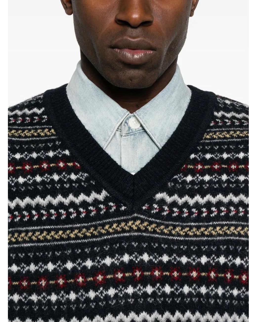 DUNST Black Fairisle-Pattern V-Neck Sweater for men