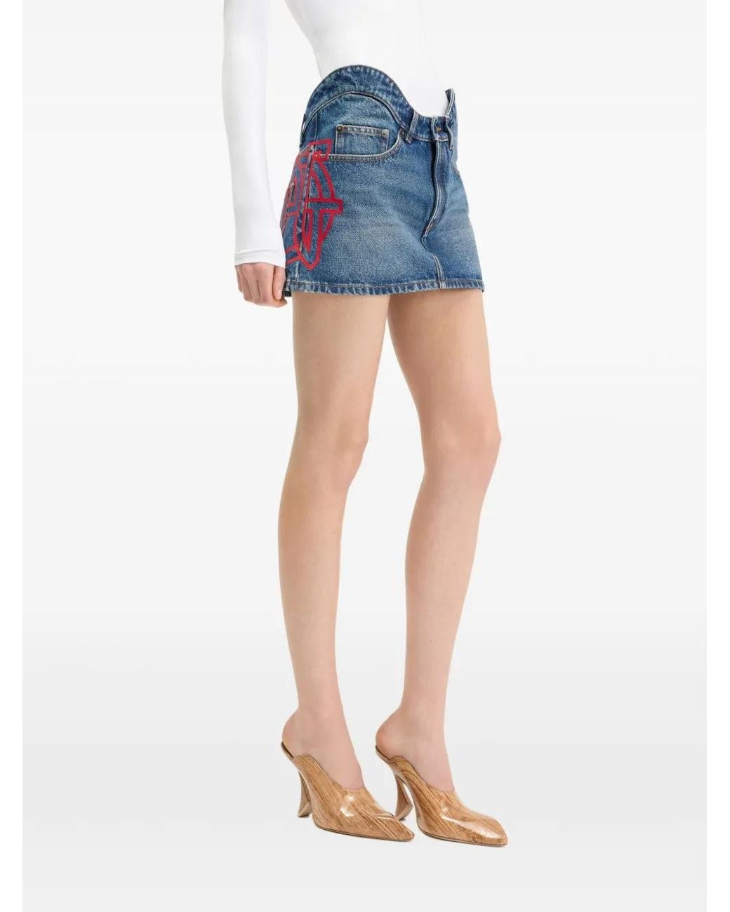 Jean Paul Gaultier Blue Mini Denim Skirt With Wavy Waistband And Jpg Print Details