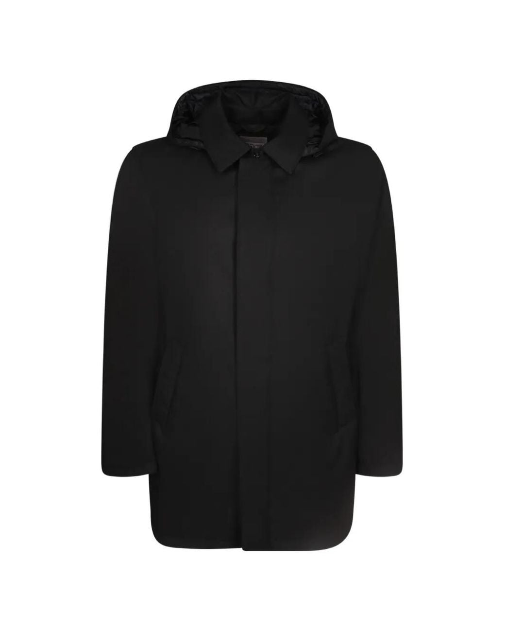 Herno Black Hooded Concealed-Fastening Coat for men