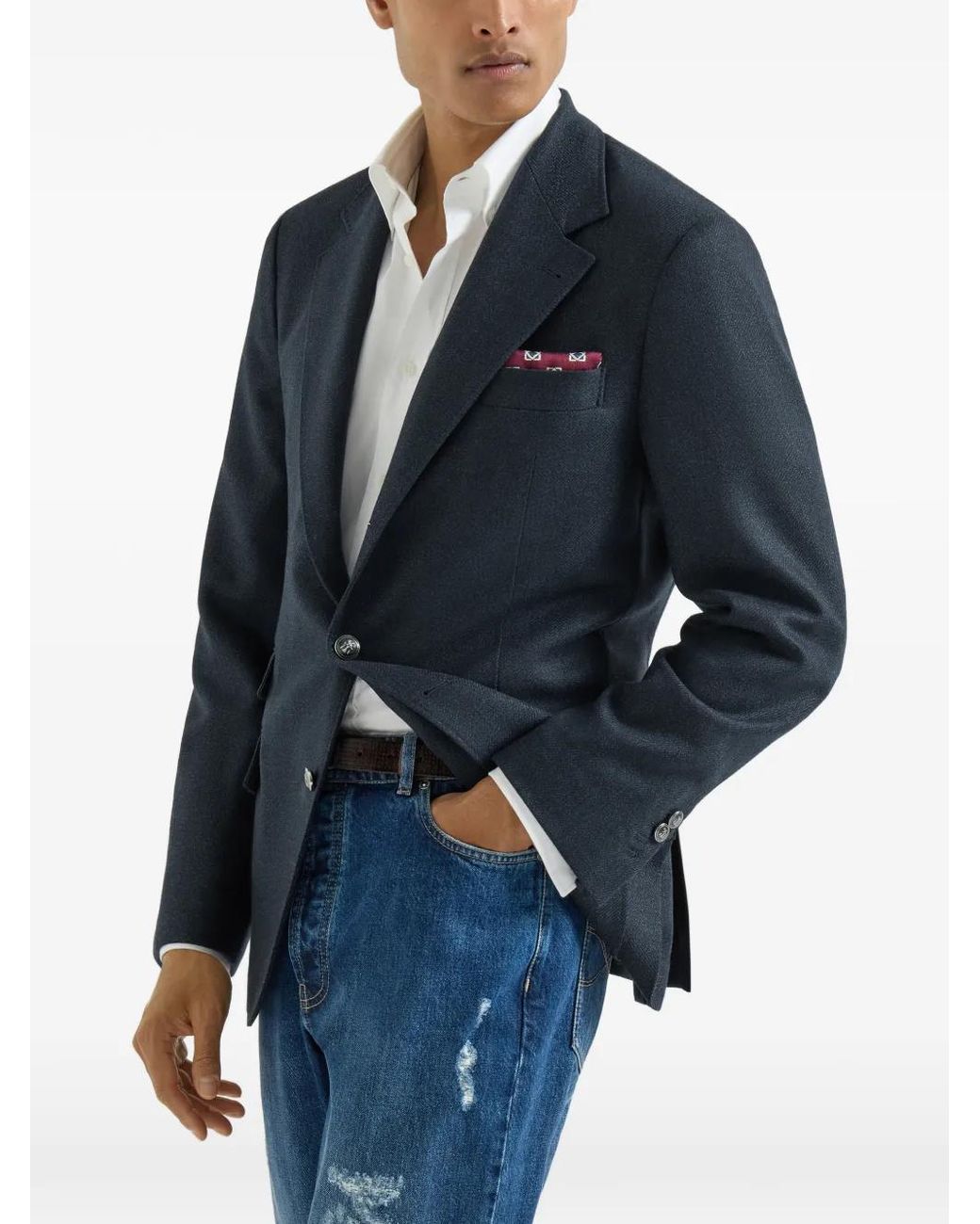 Brunello Cucinelli Blue Mouliné Virgin-Wool Twill Deconstructed Cavallo Blazer With Metal Buttons for men