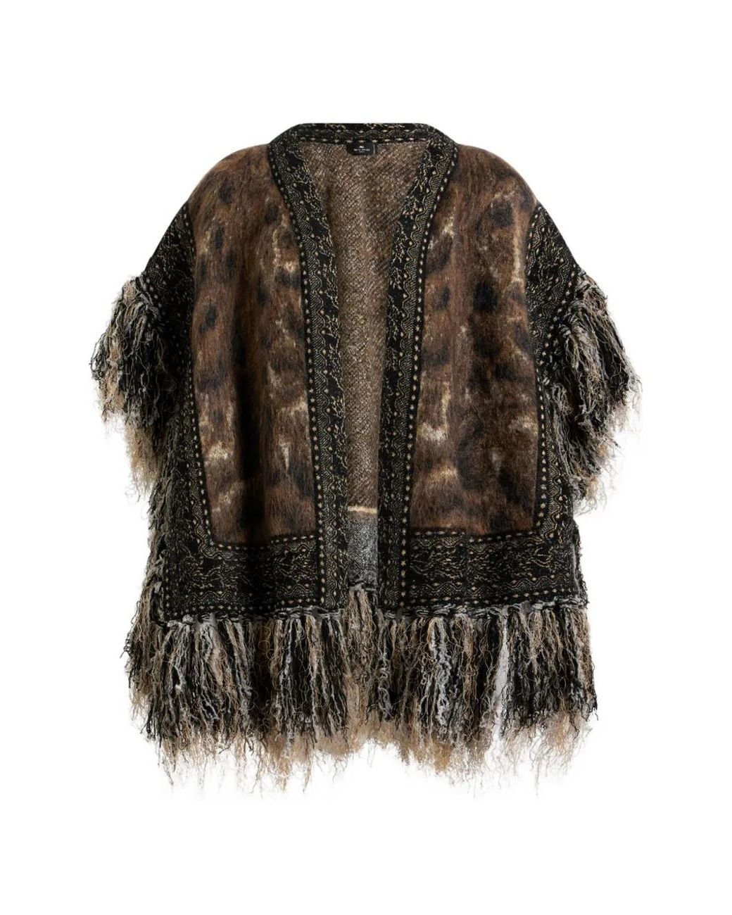 Etro Gray Mohair-Blend Jacquard Cape With Fringing And Leopard-Motif