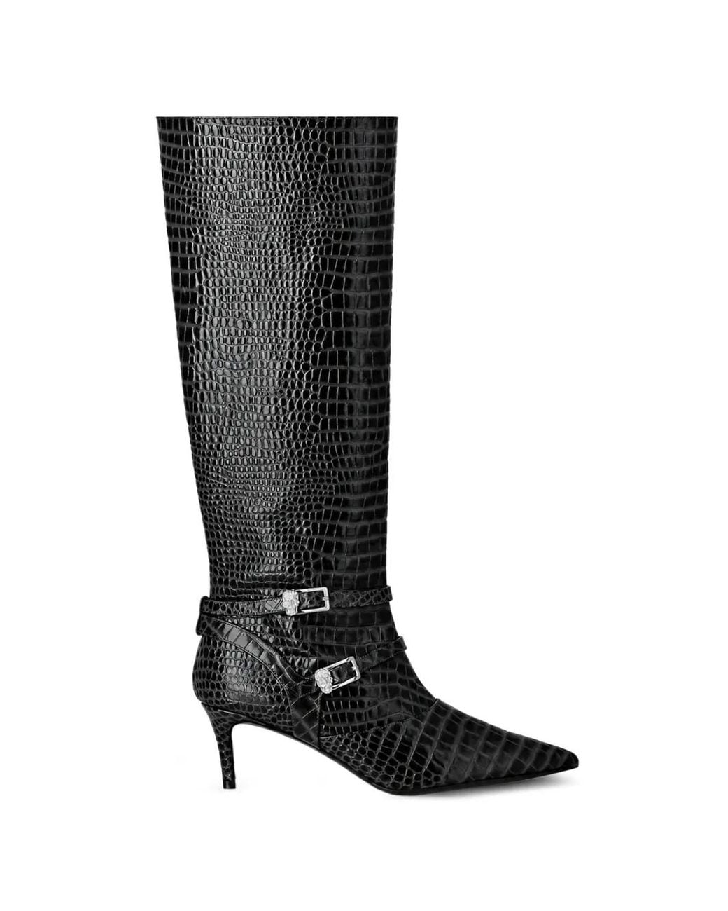 Philipp Plein Black Bottes Hauteur Genoux À Boucle Et Effet Peau De Crocodile