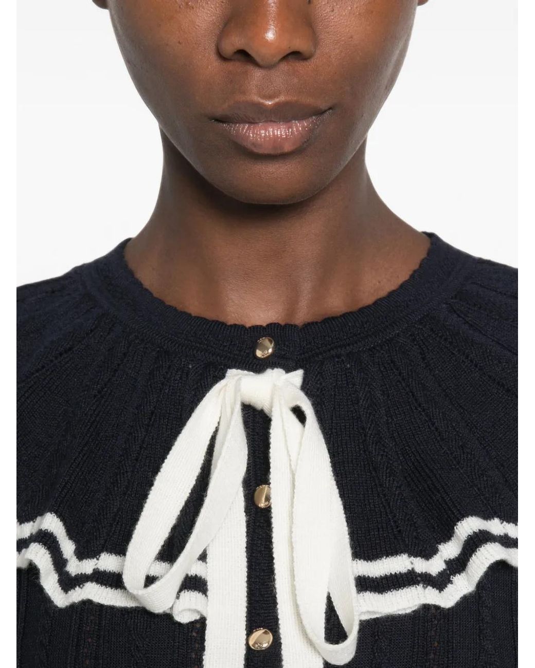 Maje Black Cardigan Torsadé À Col Volanté