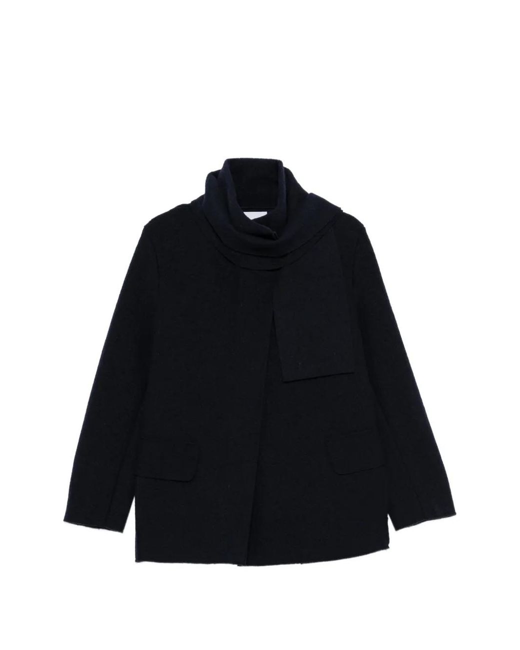 Whyci Black Scarf-Detail Flap-Pocket Coat