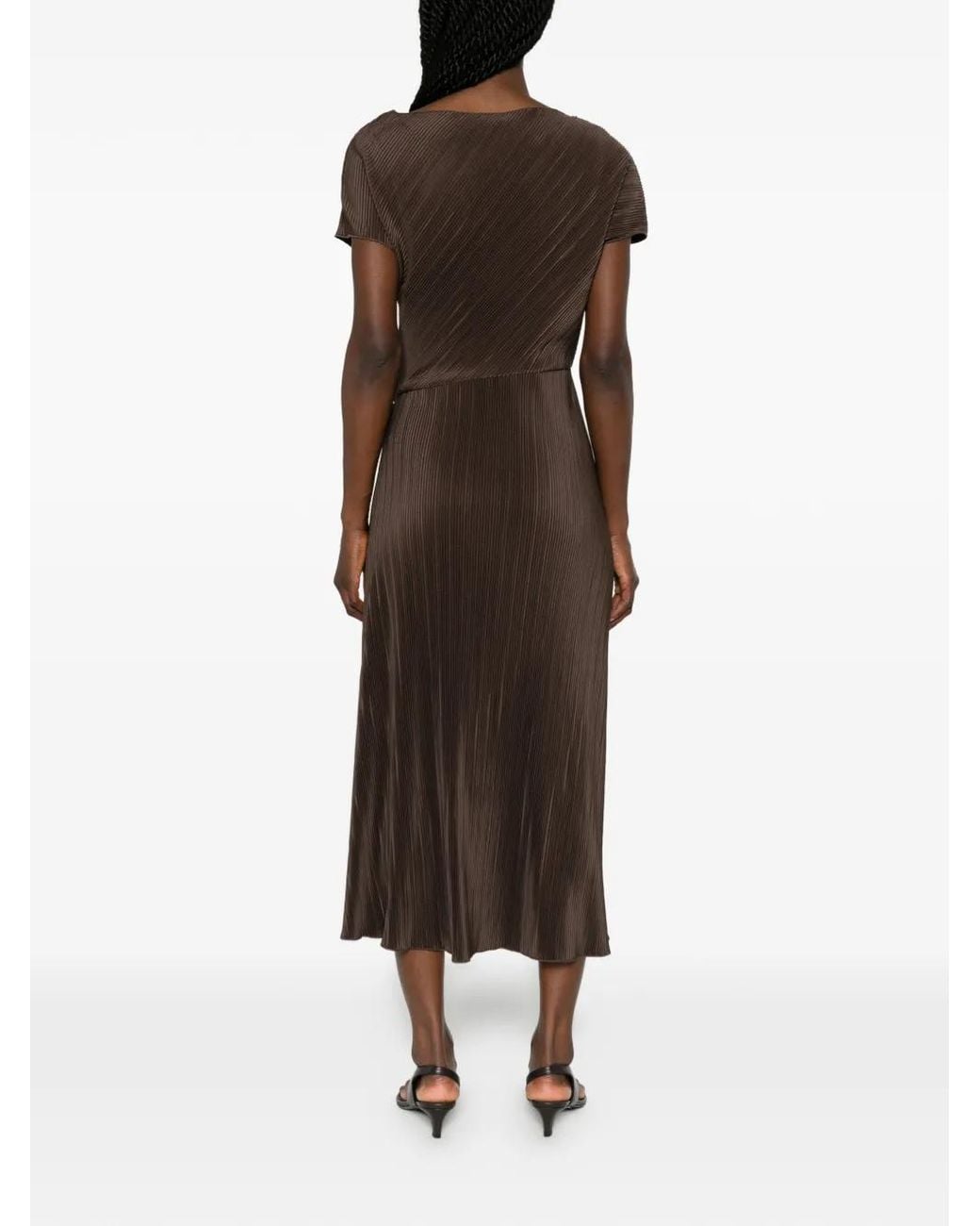 Vince Brown Pleated Twist-Detail Midi Dress