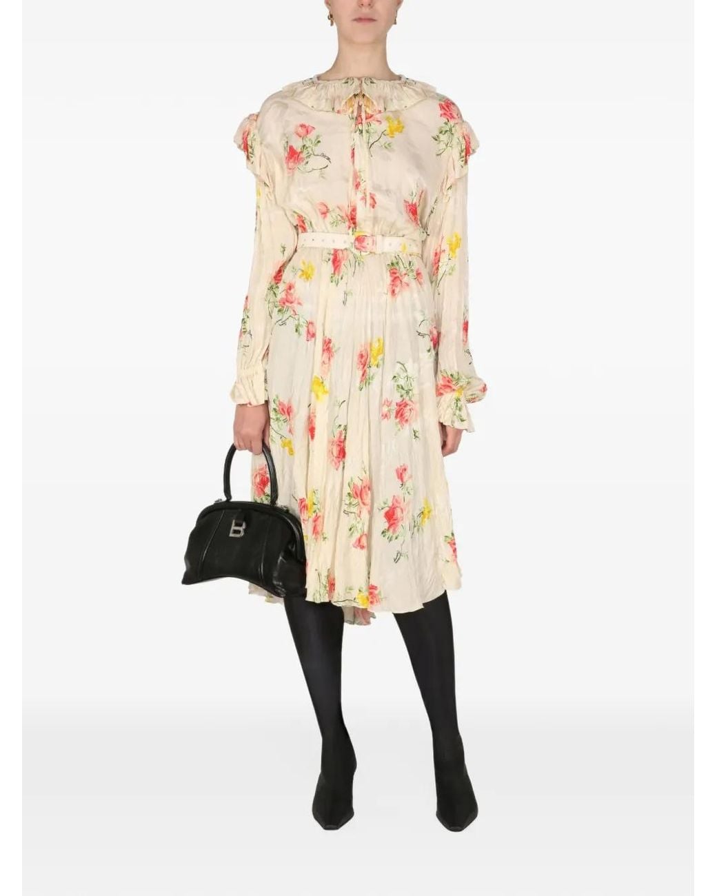 Balenciaga Natural Floral-Print Ruffled Silk Dress