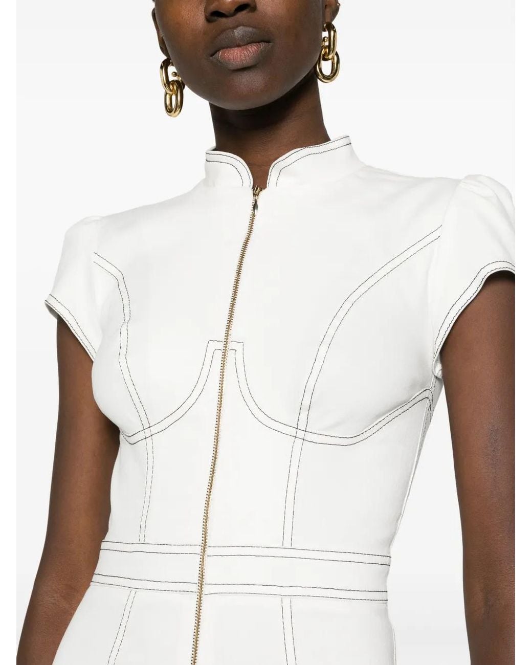 Murmur White Underline Contrast-Stitching Denim Dress