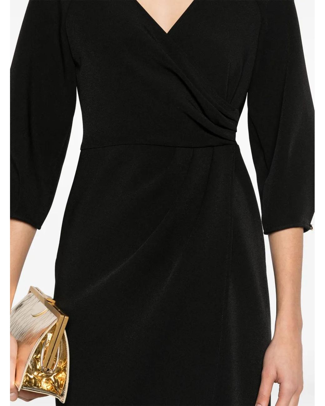 Nissa Black Wrap-Design Crepe Midi Dress