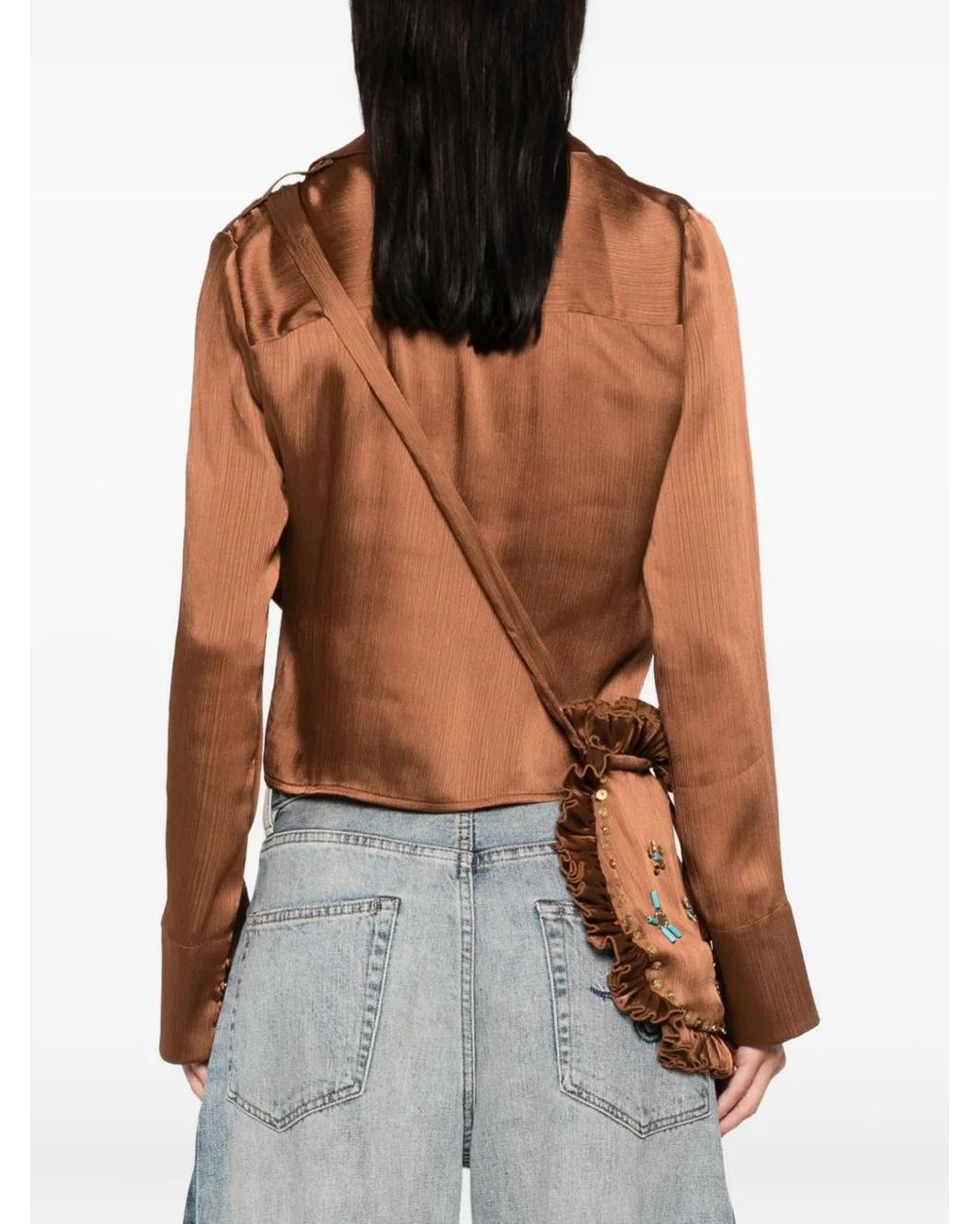 Siedres Brown Pointed-Collar Buttoned Blouse
