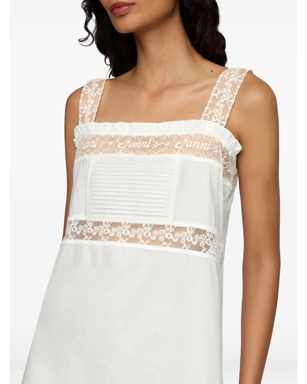 Ganni White Robe Courte À Ornements En Dentelle
