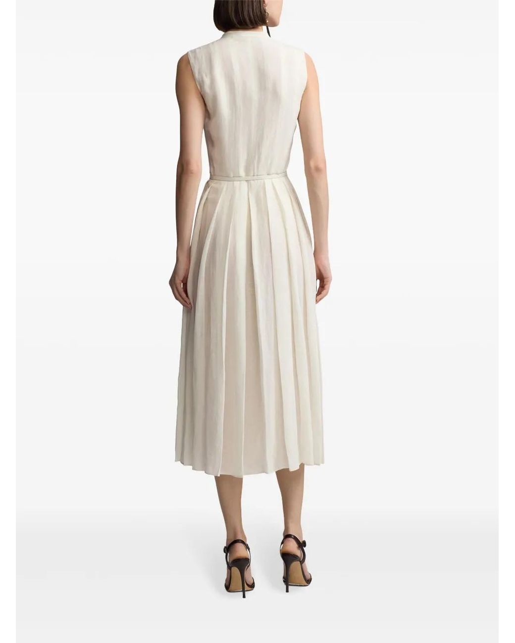 Ralph Lauren White Pleated Belted Midi Dress
