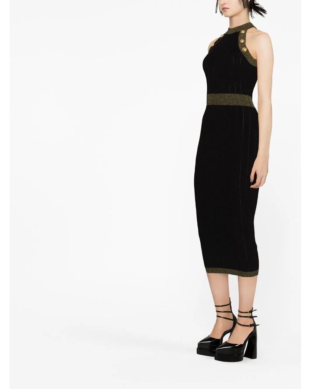 Balmain Black Knitted Midi Dress With Buttons And Lurex Trims