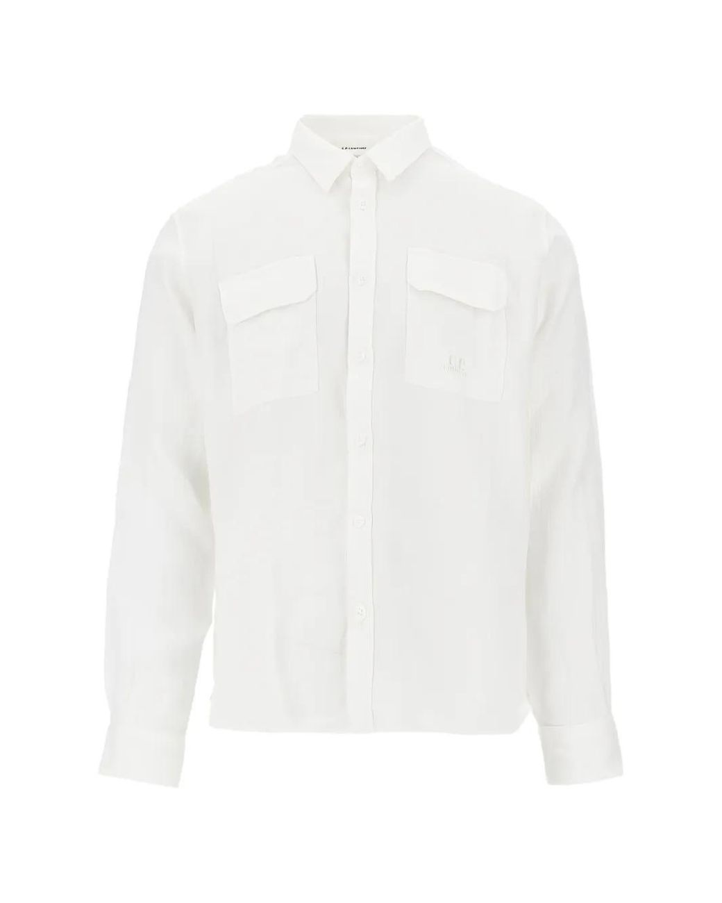 C P Company White Linen Long-Sleeved Shirt With Chest Pockets And Tone-On-Tone Logo Embroidery for men