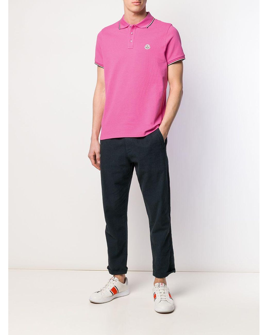 Moncler Short Sleeved Polo Shirt in Pink for Men | Lyst
