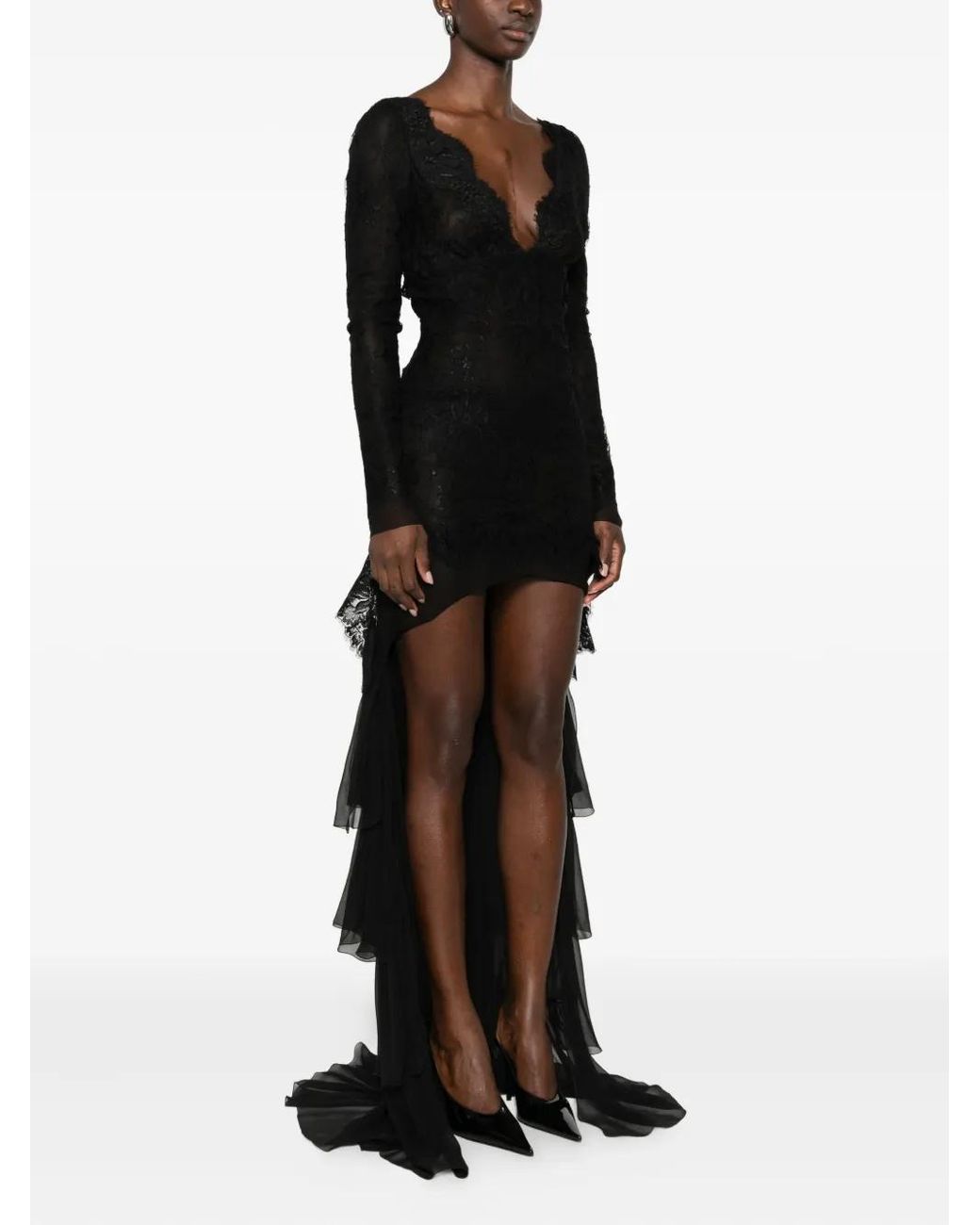 Saint Laurent Black Lace Ruffled Dress