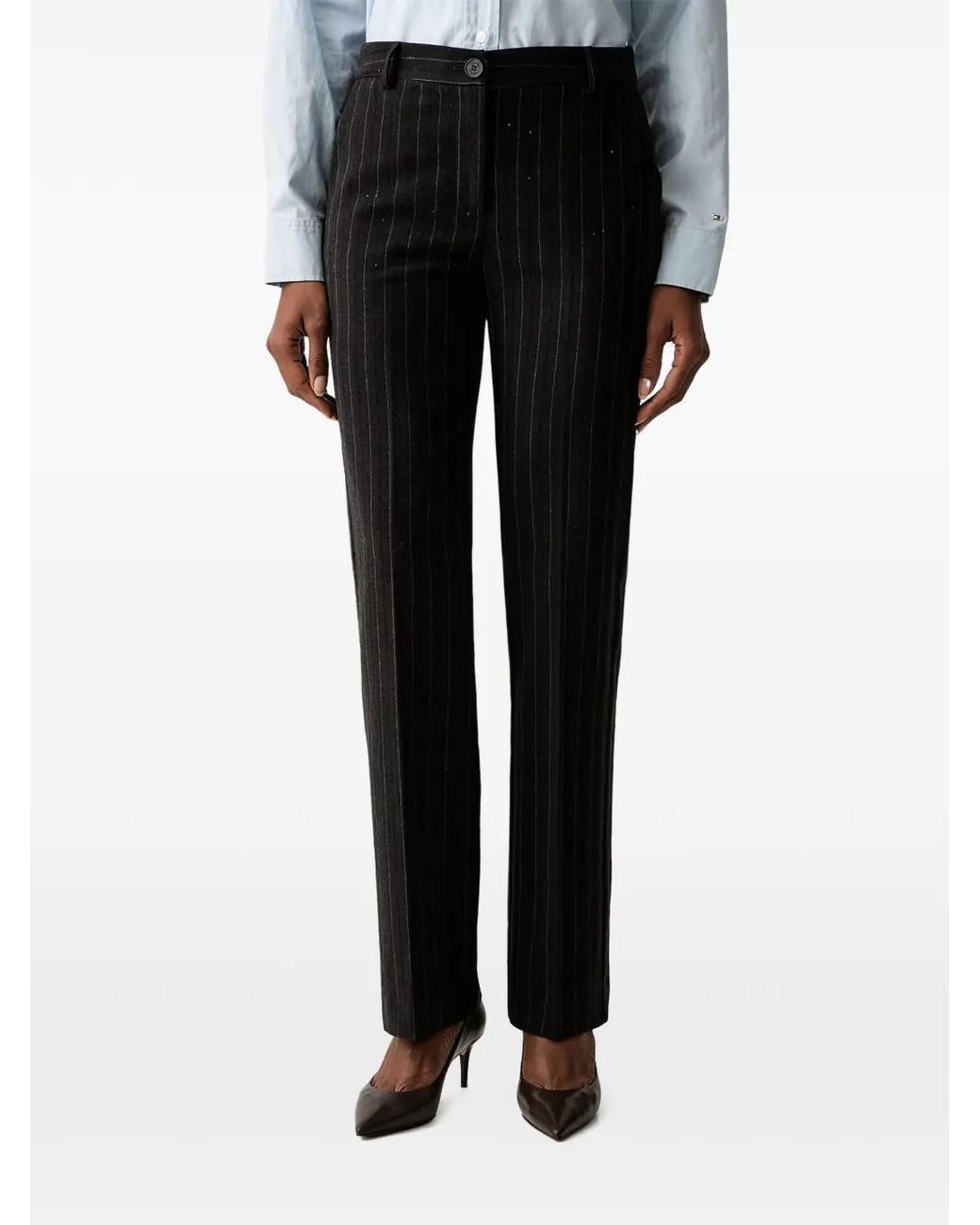 Twinset Black Pinstripe Herringbone-Pattern Trousers