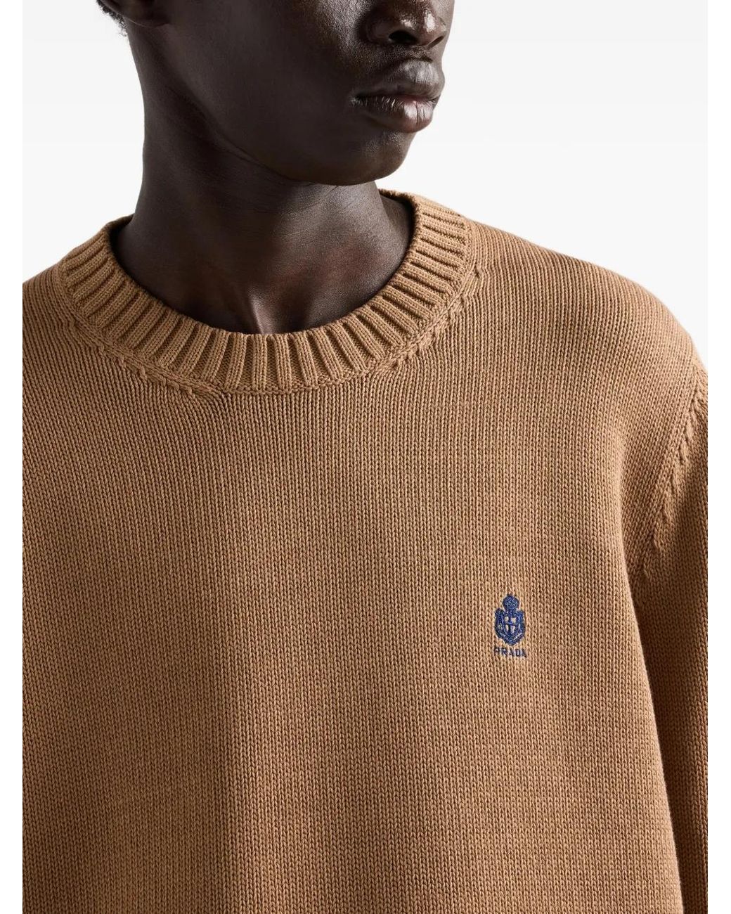 Prada Natural Logo-Embroidered Ribbed-Trim Cotton Sweater for men