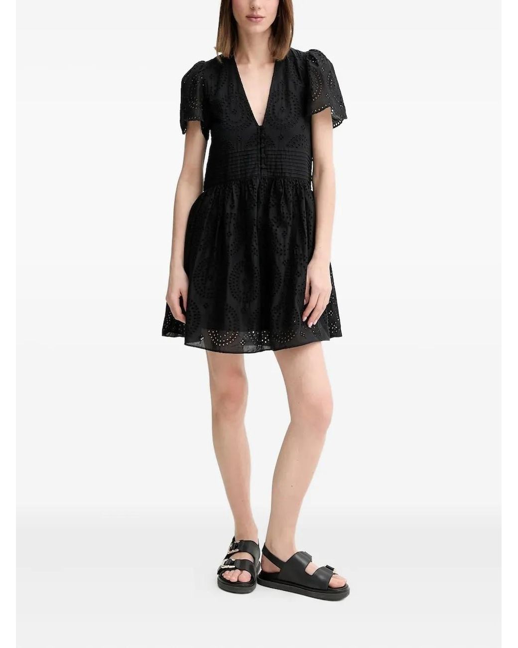BOSS Eyelet-Embroidered Puff-Sleeve Mini Dress in Black | Lyst