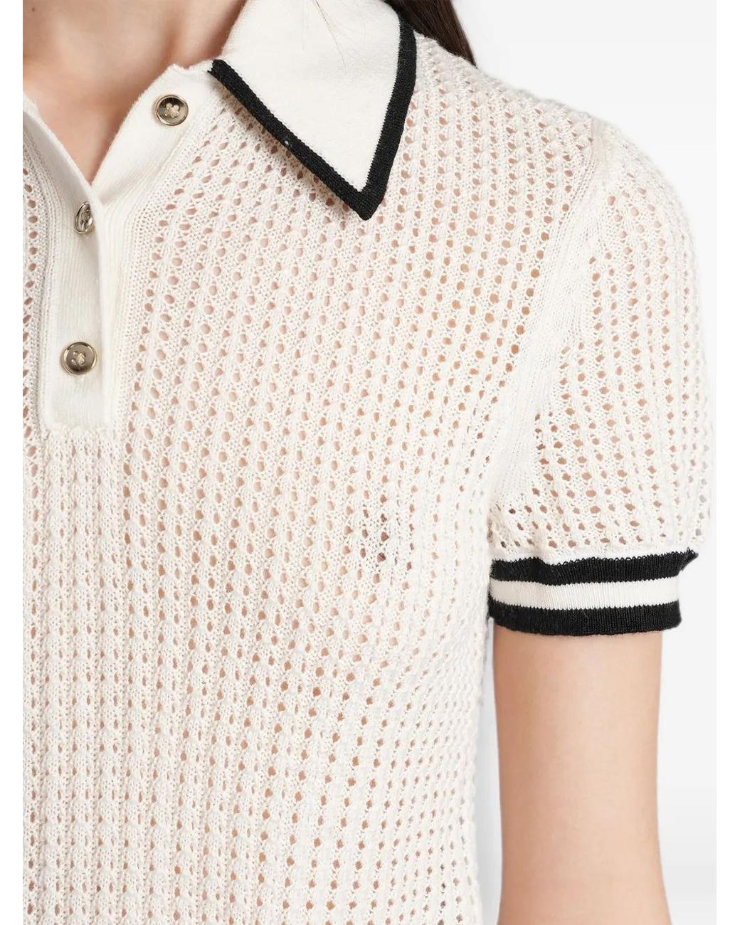 Alice + Olivia White Open-Knit Contrast-Trim Polo Shirt