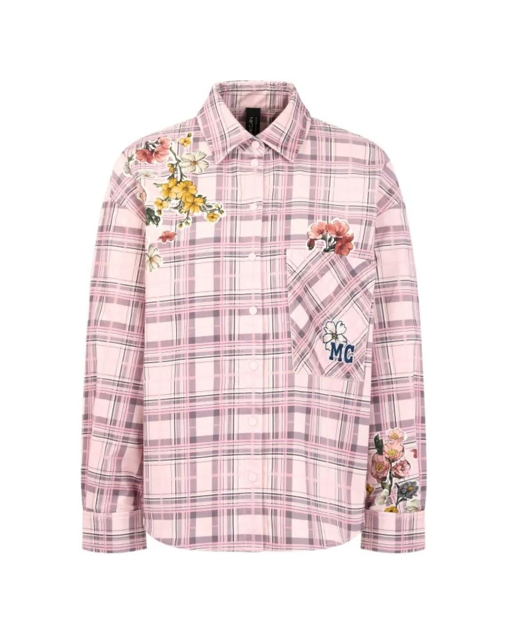 Marc Cain Pink Floral-Embroidered Check-Print Shirt