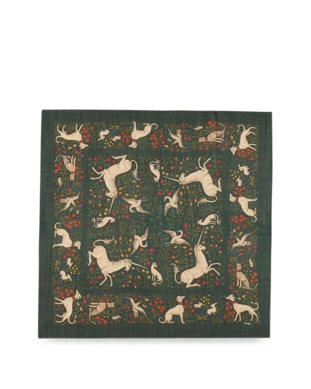 Drake's Green Unicorn Print Square Scarf for men
