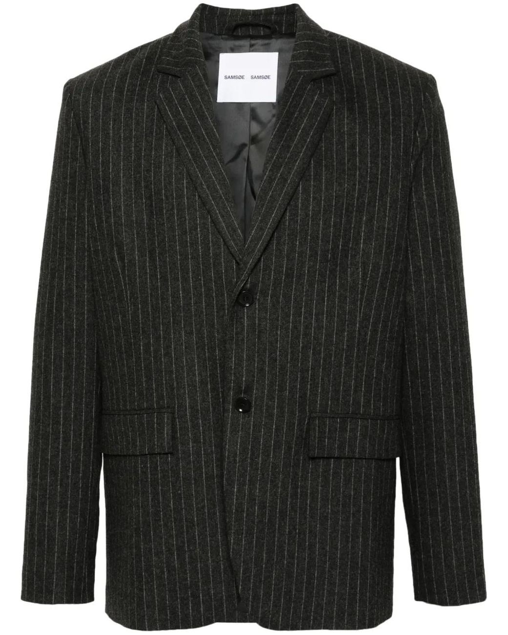 Samsøe & Samsøe Black Single-Breasted Pinstripe-Pattern Blazer for men