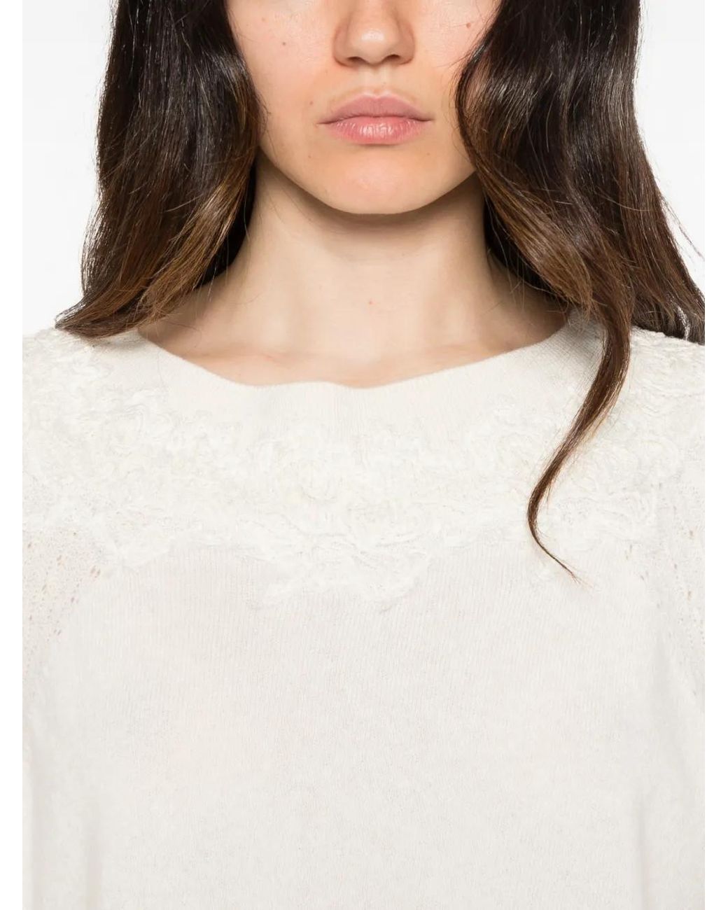 Ermanno Scervino White Lace-Trimmed Pointelle-Knit Sweater