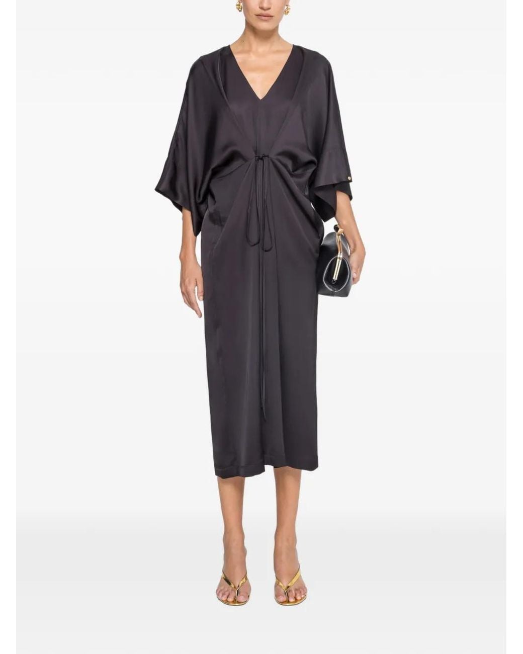 Nissa Black Drawstring Viscose Midi Dress