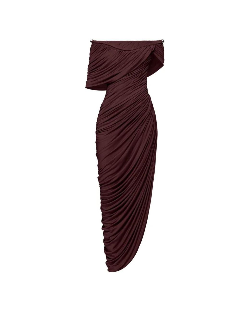Chats by C.Dam Purple Thalyn Off-Shoulder Draped Midi Dress