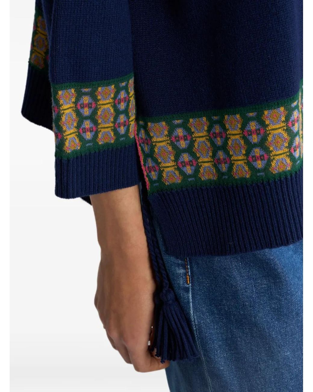 Etro Blue Wool-Blend Kimono Sweater With Tassels And Geometric Motif
