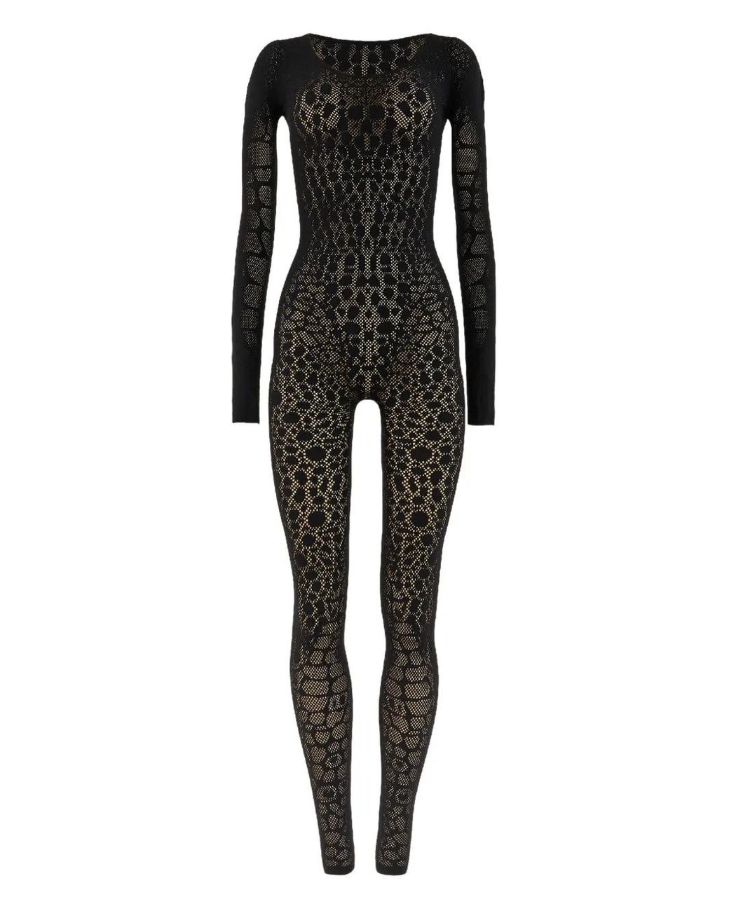 Wolford Black Python-Pattern Long-Sleeve Jumpsuit