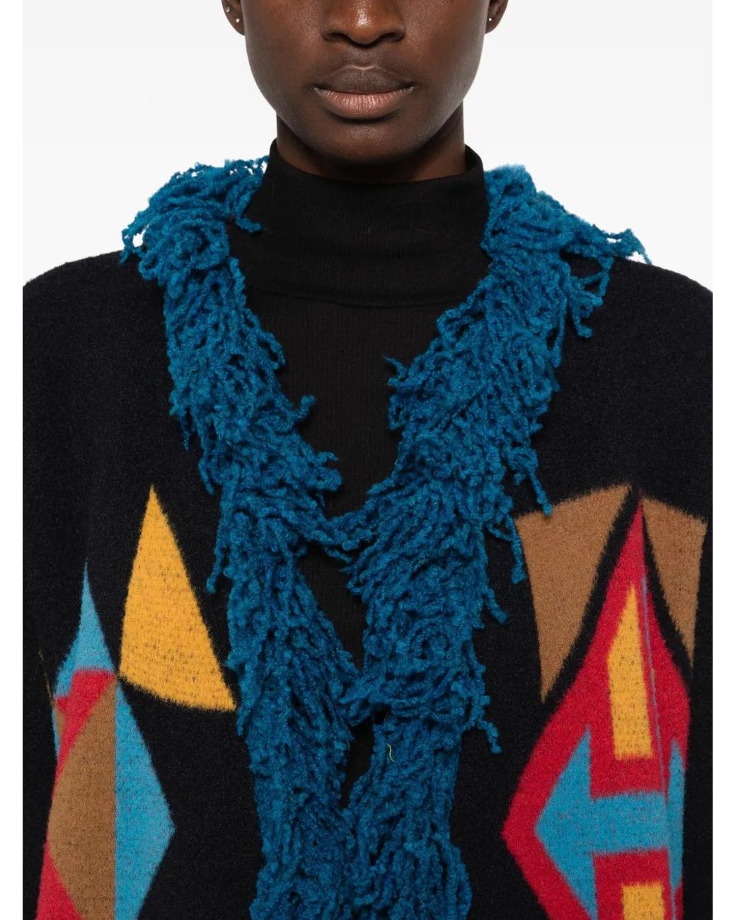 Akep Red Geometric-Pattern Fringed Coat