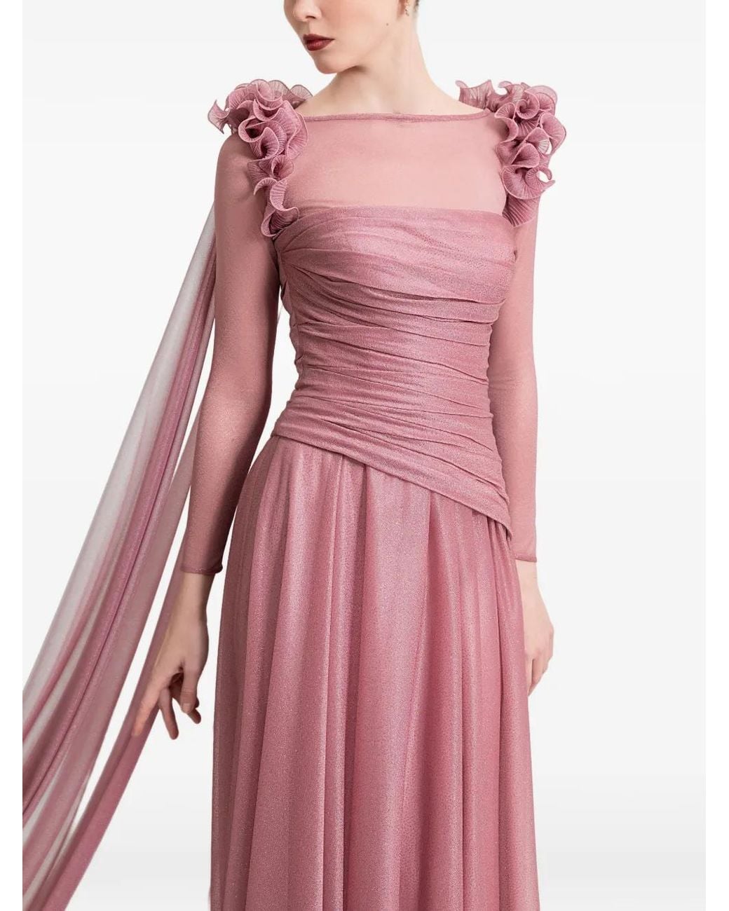 Gemy Maalouf Pink Detachable-Cape Ruffled Gown