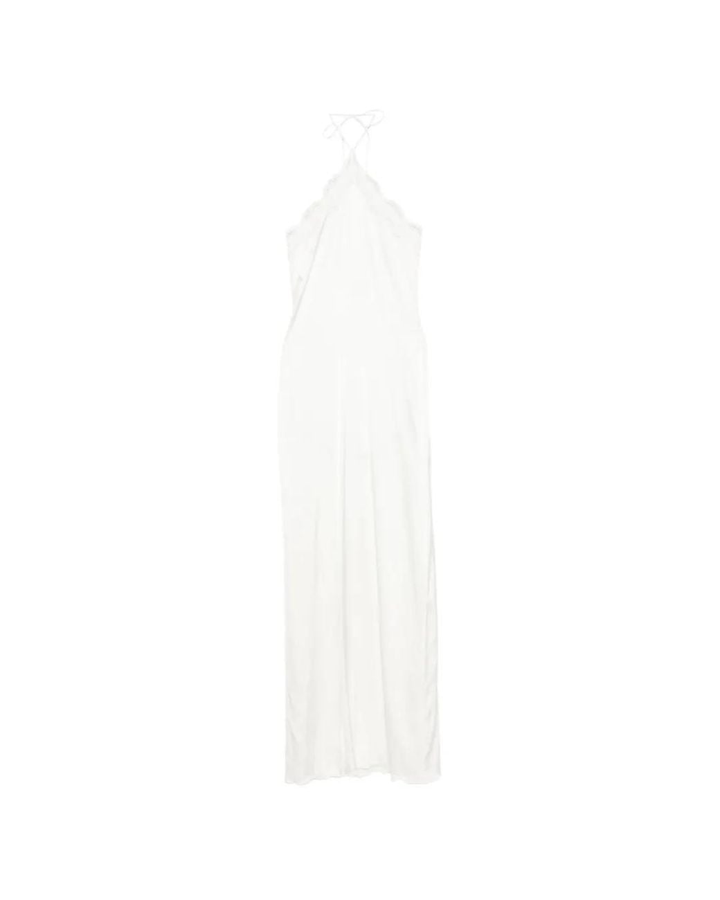 Oseree White Lace-Trim Halterneck Dress